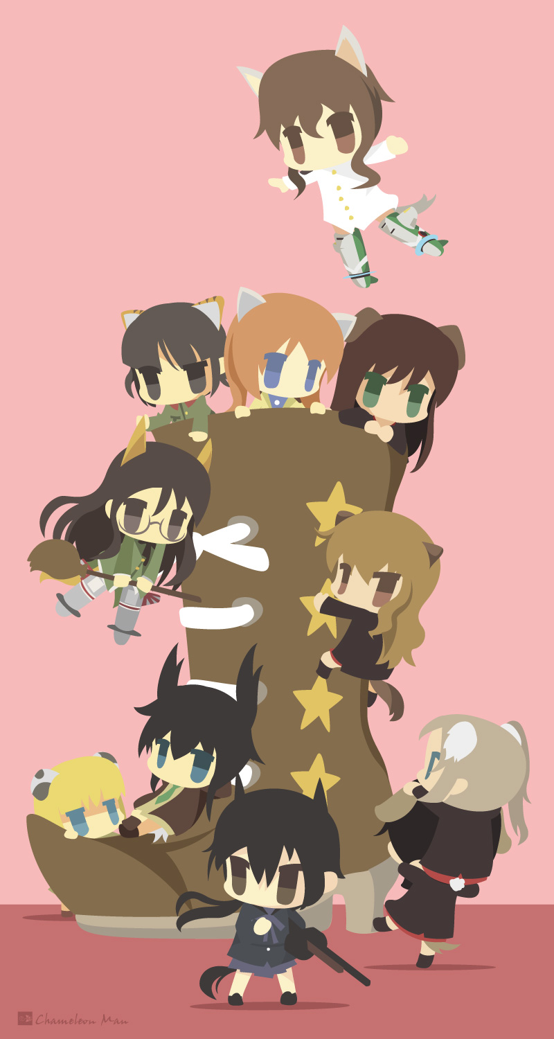 504th_joint_fighter_wing 6+girls angela_salas_larrazabal animal_ears artist_name bad_id bad_pixiv_id black_hair blonde_hair boots broom brown_hair carrying chameleon_man_(three) chibi climbing dominica_s._gentile federica_n._doglio fernandia_malvezzi flat_color glasses gun head_wings highres jane_t._godfrey jitome kamereon_three long_hair luciana_mazzei machine_gun martina_crespi multiple_girls nakajima_nishiki no_lineart patricia_schade piggyback sitting strike_witches strike_witches:_kurenai_no_majo-tachi striker_unit suwa_amaki tail takei_junko weapon wings world_witches_series