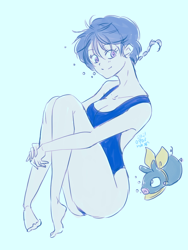 1girl air_bubble animal braid breasts bubble cleavage collarbone full_body hugging_own_legs looking_at_viewer nannno0007 one-piece_swimsuit p-chan pig ranma-chan ranma_1/2 swimsuit underwater