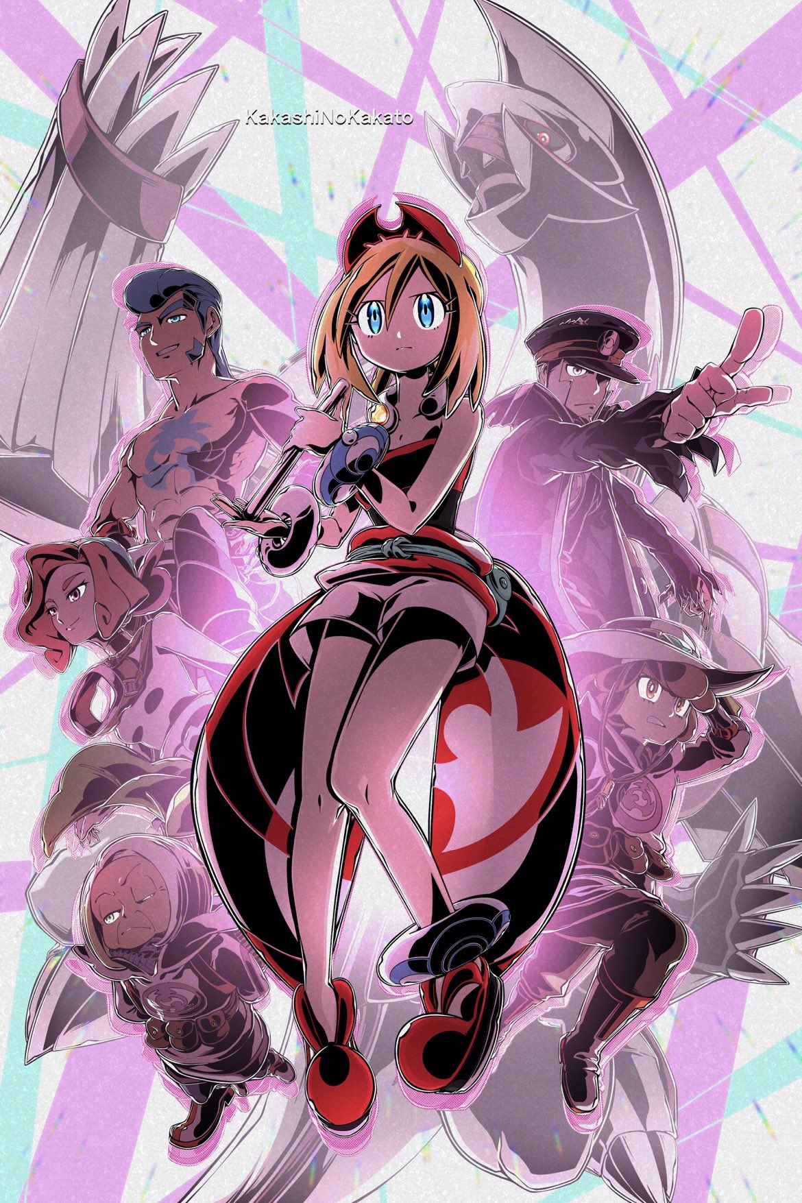 3boys 3girls abs armband arms_behind_back bag bare_pectorals bare_shoulders belt black_coat black_hat black_pants black_undershirt blonde_hair blue_eyes blue_hair bob_cut bracelet brown_eyes brown_hair calaba_(pokemon) celestica_flute chest_hair claws closed_mouth coat cowboy_hat diamond_(gemstone) diving_mask dragon facial_hair frown gaeric_(pokemon) gem gen_4_pokemon goatee goggles grey_eyes grey_hair hairband hand_on_own_hat hands_on_own_hips hat headband highres holding ingo_(pokemon) irida_(pokemon) jewelry kakashino_kakato leaf legendary_pokemon lian_(pokemon) mullet multiple_boys multiple_girls muscular muscular_male nintendo obi old old_woman one_eye_closed one_eye_covered palina_(pokemon) palkia pants pearl_(gemstone) pearl_clan_outfit pectorals pink_eyes pointing pokemon pokemon_(creature) pokemon_legends:_arceus pompadour red_eyes sash satchel sideburns smile thick_eyebrows torn_clothes torn_coat turtleneck white_background white_hat white_pants