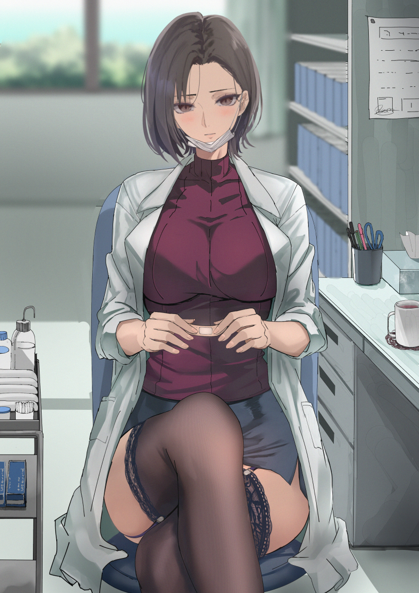 1girl bandaid blurry blurry_background blush bookshelf breasts brown_eyes brown_hair cart closed_mouth crossed_legs cup desk hair_behind_ear kesoshirou lab_coat large_breasts looking_at_viewer mask miniskirt mouth_mask original paper red_sweater short_hair sitting skirt sweater thighhighs thighs tissue_box turtleneck turtleneck_sweater window