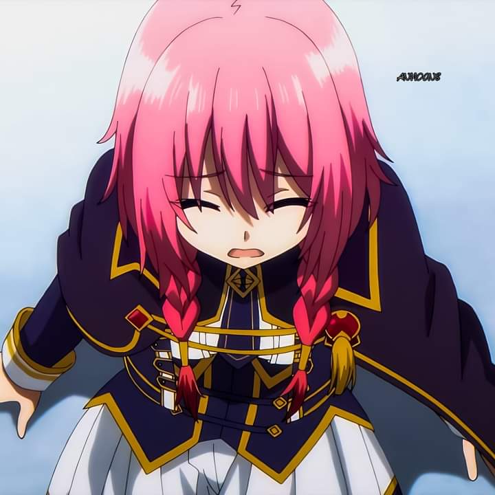 1girl blue_background blush breasts closed_eyes female_focus kage_no_jitsuryokusha_ni_naritakute! long_hair open_mouth pink_hair school_uniform sherry_barnett skirt unifom white_skirt