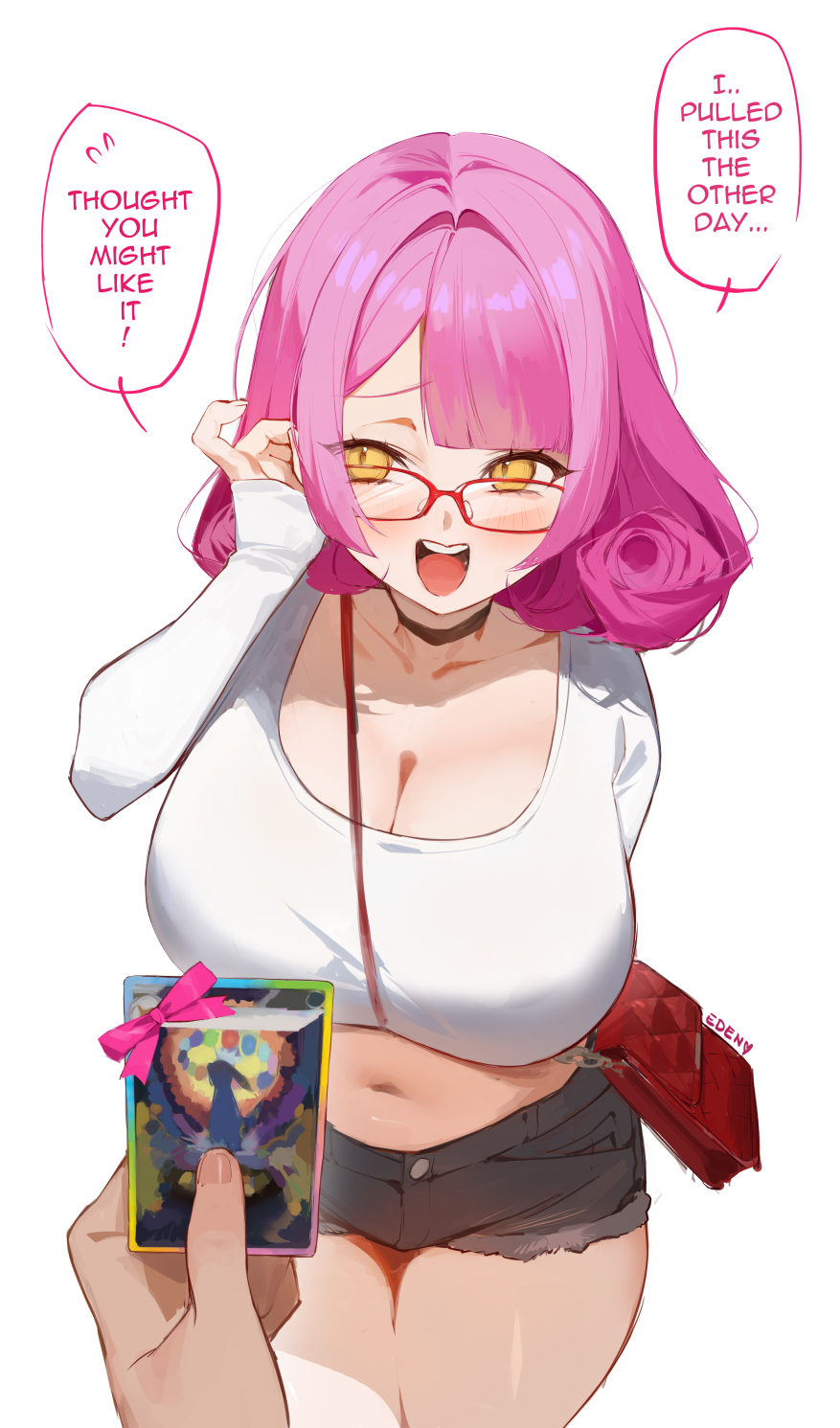 1girl blush breasts cleavage commentary eden_(shiroki_yuutsu) english_commentary english_text glasses highres looking_at_viewer medium_hair navel open_mouth original pink_hair pov red-framed_eyewear simple_background solo speech_bubble vanilla_(eden_(shiroki_yuutsu)) white_background yellow_eyes