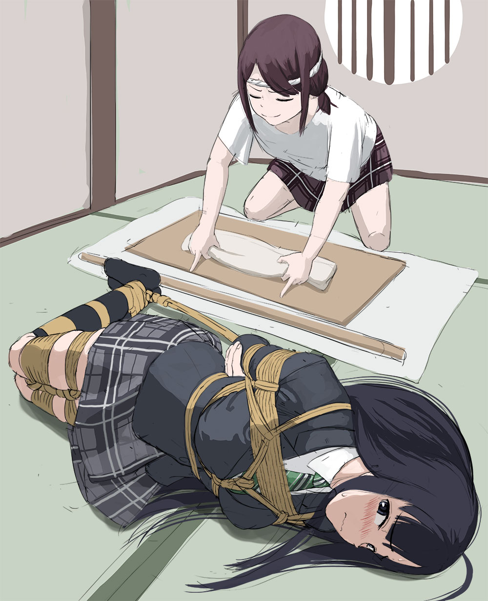 2girls ahoge awa_subaru bdsm black_hair black_socks blush bondage bound brown_hair girls_band_cry highres indoors iseri_nina itou_tatsuya lying multiple_girls parody school_uniform shibari shokunin_to_hitozuma socks tatami