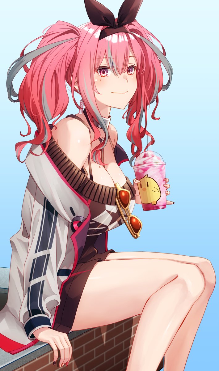 1girl azur_lane bare_shoulders between_breasts blush breasts bremerton_(azur_lane) bremerton_(day-off_date)_(azur_lane) bubble_tea cleavage cup disposable_cup dress drink drinking_straw eyewear_hang highres holding holding_cup holding_drink jacket kento_(kentdrawing) large_breasts long_hair looking_at_viewer multicolored_hair off-shoulder_dress off_shoulder official_alternate_costume pink_eyes pink_hair solo star_(symbol) star_print strap_between_breasts streaked_hair sweater sweater_dress tinted_eyewear twintails two-tone_hair unworn_eyewear white_jacket