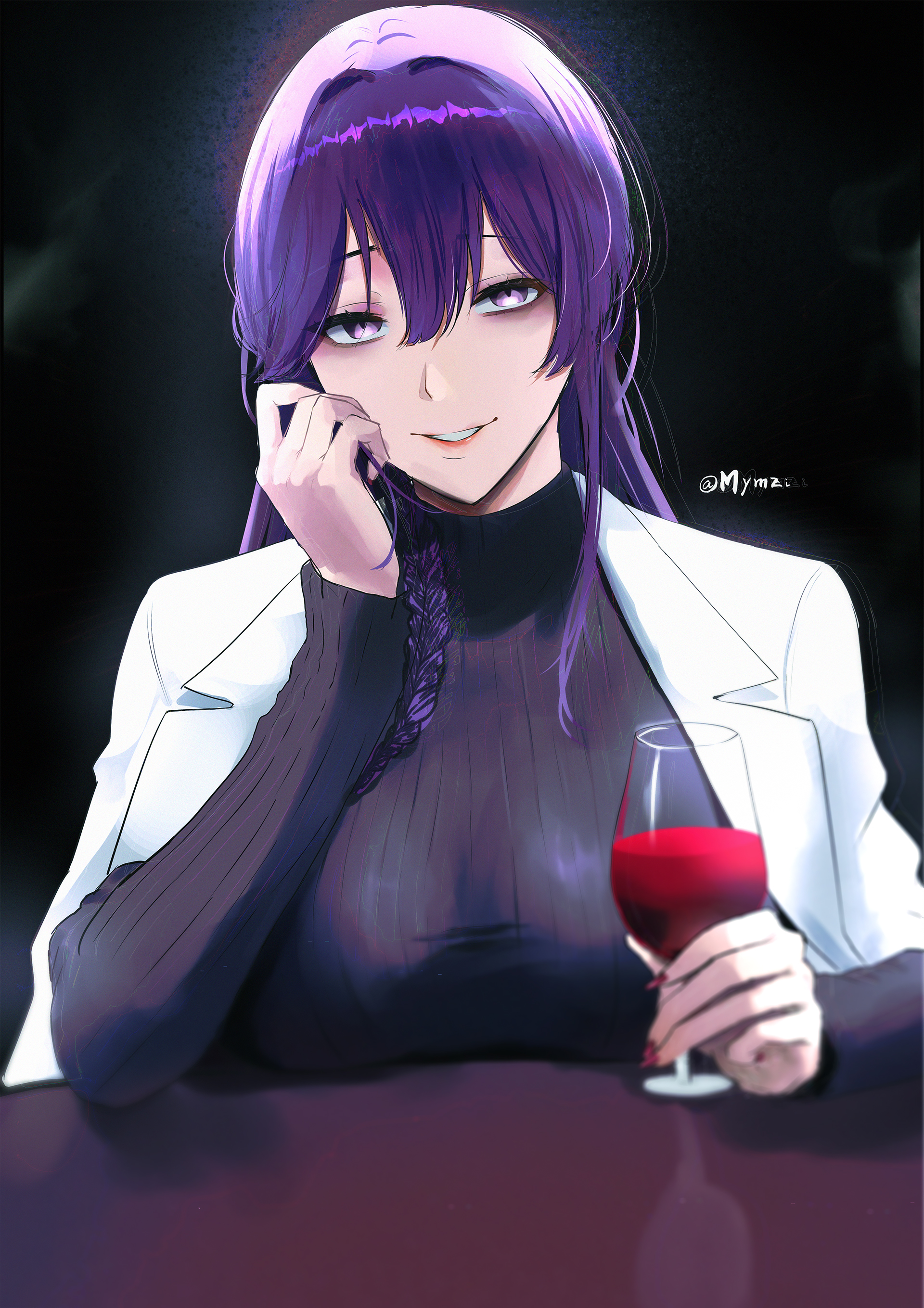 1girl absurdres akeboshi_maria alcohol bags_under_eyes black_sweater blurry blurry_foreground braid breasts coat commentary cup english_commentary evil_smile hair_between_eyes hair_intakes hand_on_own_face highres holding holding_cup large_breasts long_hair looking_at_viewer maria_no_danzai mymzi open_clothes open_coat purple_eyes purple_hair ribbed_sweater single_braid smile solo sweater turtleneck turtleneck_sweater twitter_username upper_body white_coat wine