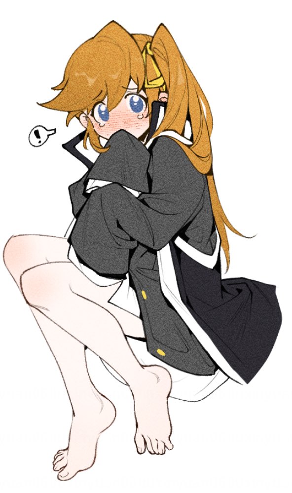 ! 1girl ace_attorney aged_down athena_cykes barefoot blue_eyes blush borrowed_clothes coat hair_between_eyes hair_ribbon long_hair long_sleeves looking_at_viewer nose_blush orange_hair phoenix_wright:_ace_attorney_-_dual_destinies ribbon salted_whale side_ponytail simple_background sleeves_past_fingers sleeves_past_wrists solo spoken_exclamation_mark tears white_background yellow_ribbon