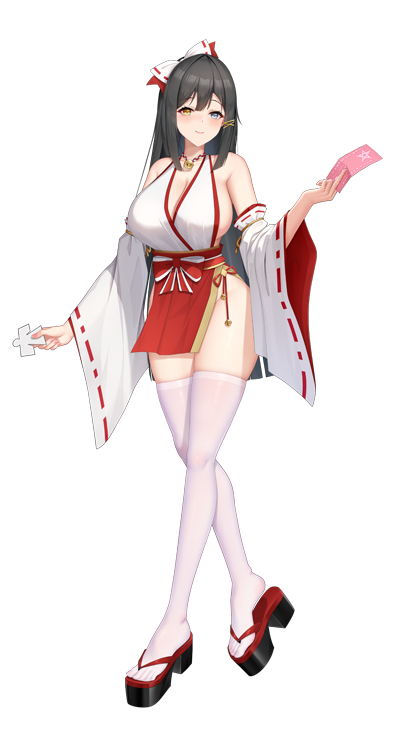 1girl bare_hips bare_shoulders bell between_fingers black_hair blue_eyes bow breasts cleavage cleavage_cutout clothing_cutout detached_sleeves exorcist_onmyoji furisode_sleeves game_cg geta groin hair_bow heterochromia holding japanese_clothes kimono large_breasts long_hair nontraditional_miko official_art ofuda ofuda_between_fingers open_mouth paper_cutout paper_doll pelvic_curtain shikigami shiny_skin sideboob skindentation smile teeth thighhighs thighs very_long_hair white_thighhighs yellow_eyes tsuki_(exorcist_onmyoji)