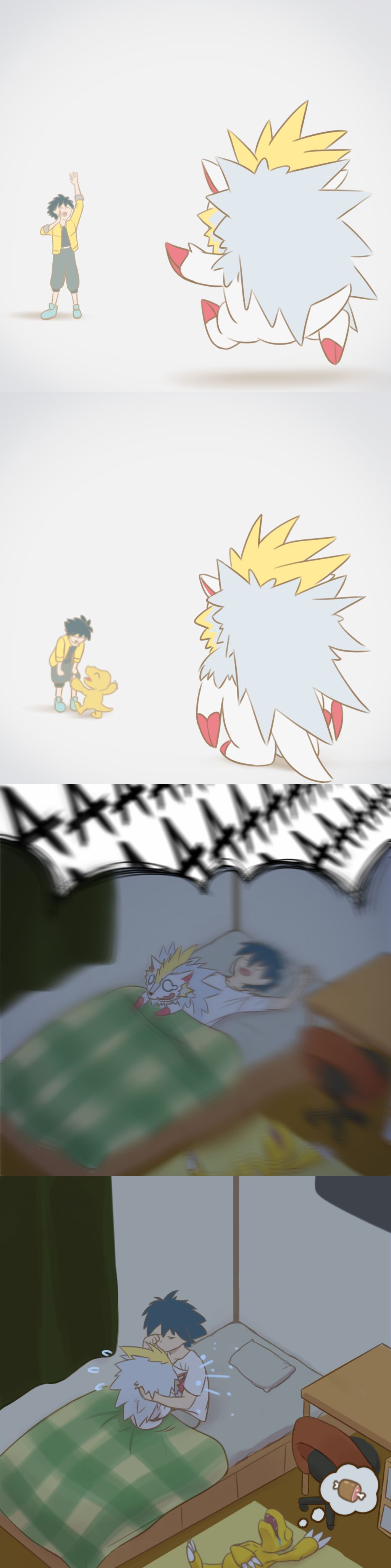 absurdres agumon betrayal bone claws digimon digimon_(creature) dreaming food herissmon highres male_protagonist_(digimon_rearise) meat nightmare sleeping