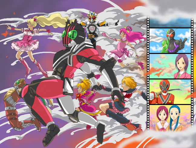 boots brooch crossover cure_black cure_bloom cure_dream cure_peach explosion fresh_precure! futari_wa_precure futari_wa_precure_splash_star heart heart_brooch higashi_setsuna hyuuga_saki jewelry kamen_rider kamen_rider_blade_(series) kamen_rider_dcd kamen_rider_decade kamen_rider_double kamen_rider_garren kamen_rider_ixa kamen_rider_kiva_(series) kamen_rider_w kiryuu_kaoru kiryuu_michiru misumi_nagisa momozono_love multiple_boys multiple_girls parody pink_boots pkppuri precure precure_all_stars samurai_sentai_shinkenger shinken_red super_sentai yes!_precure_5 yumehara_nozomi