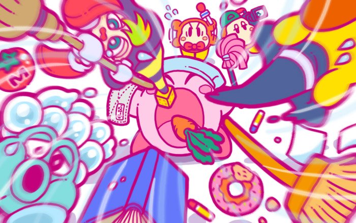 1girl bandana blush_stickers bow bowtie broom broom_hatter bubble_head_(kirby) camera carrot crayon donut cleaning_rag closed_eyes flying_sweatdrops food green_hair gryll_(kirby) hat inhaling jitome kirby kirby_(series) maxim_tomato microphone nintendo official_art simple_background waddle_dee white_background witch_hat