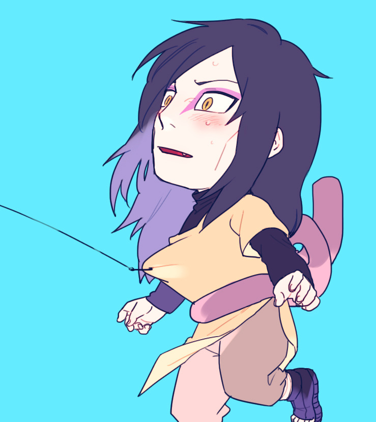 black_hair blue_background blush chibi embarrassed eyeliner fang fish_hook fishing_line hooked kutuyatti layered_sleeves long_hair long_sleeves makeup male_focus messy_hair naruto_(series) naruto_shippuuden nervous_sweating open_mouth orochimaru_(naruto) pale_skin rope_belt sandals short_over_long_sleeves short_sleeves slit_pupils solo sunken_cheeks sweat yellow_eyes