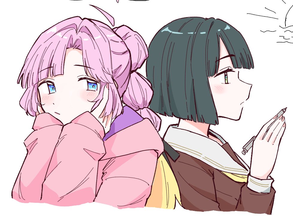 2girls :/ ahoge anyoji_hime black_hair black_ribbon blonde_hair blue_eyes blunt_bangs blunt_ends blush bob_cut brown_dress closed_mouth commentary detached_ahoge dress gradient_hair green_eyes hair_ribbon hands_on_own_cheeks hands_on_own_face hasu_no_sora_school_uniform holding holding_pencil hood hooded_jacket jacket link!_like!_love_live! long_sleeves looking_at_another love_live! mechanical_pencil momose_ginko multi-tied_hair multicolored_hair multiple_girls neckerchief open_mouth paint_chat_(medium) parted_lips pencil pink_hair pink_jacket pink_nails ponytail profile ribbon sailor_collar sailor_dress school_uniform short_hair simple_background sleeves_past_wrists virtual_youtuber white_background white_sailor_collar winter_uniform yellow_neckerchief zangemiya