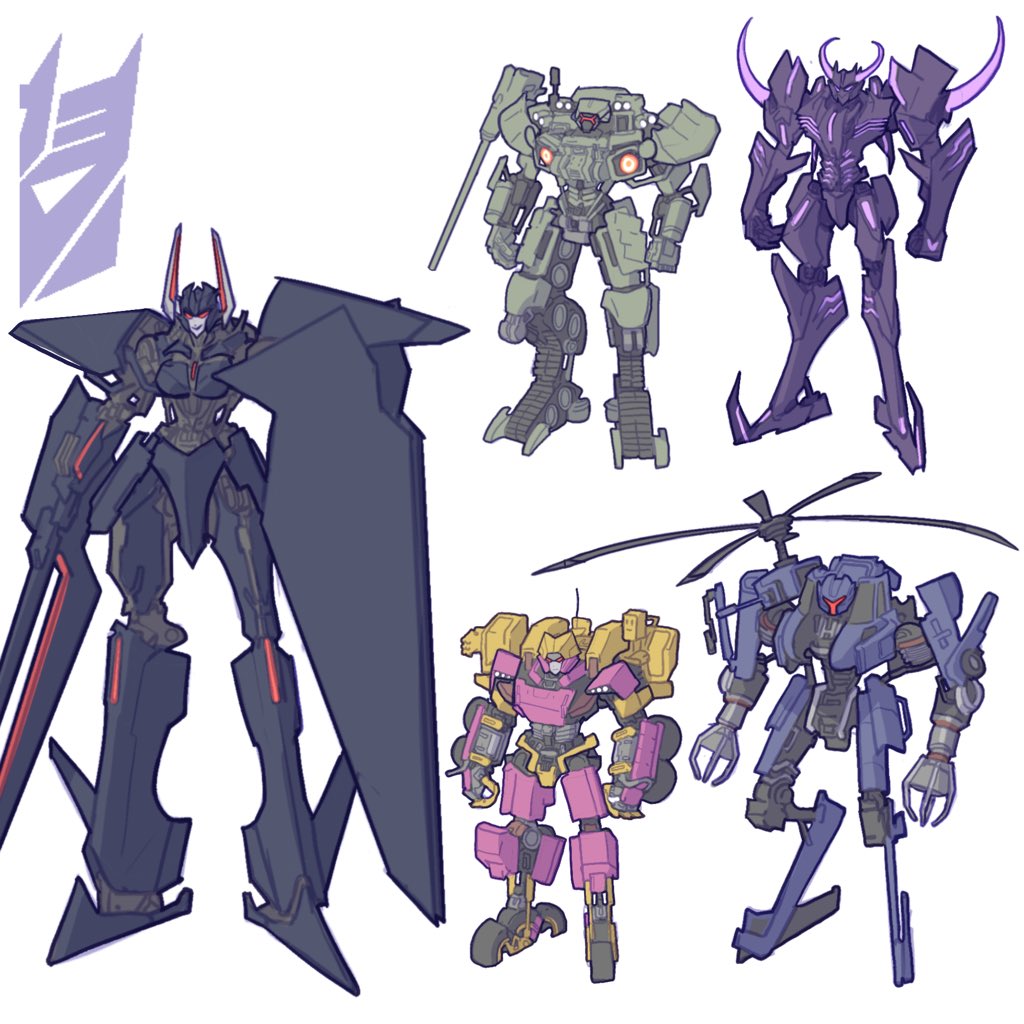 1girl 4boys beast_machines beast_wars blackshadow bludgeon_(transformers) claws clenched_hands commentary decepticon english_commentary galvatron genderswap genderswap_(mtf) holding holding_sword holding_weapon insignia kamitoge_supino mecha multiple_boys no_humans obsidian_(transformers) propeller purple_eyes red_eyes redesign robot standing strika sword transformers weapon