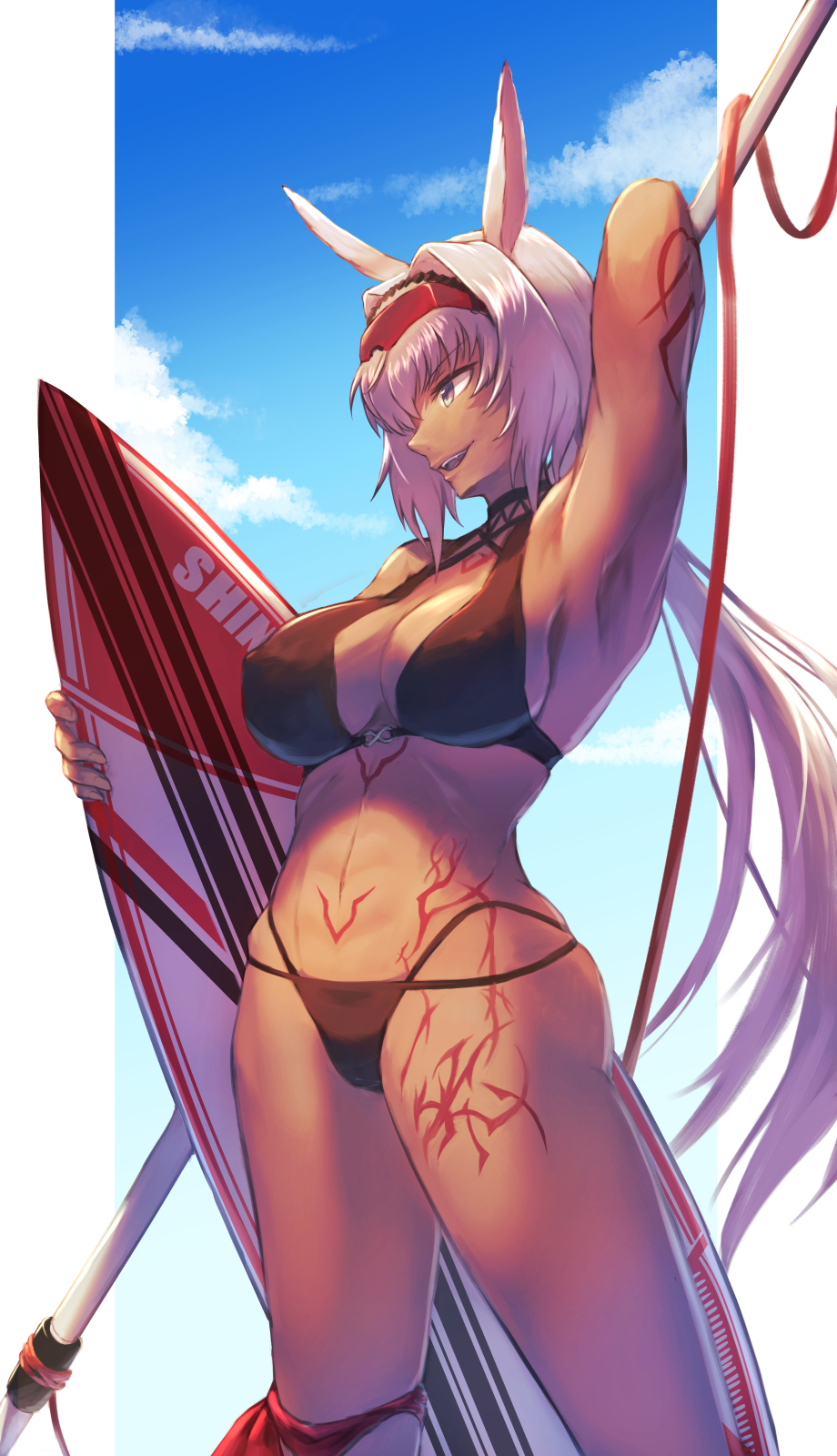 1girl animal_ears arm_behind_head arm_up armpits bare_shoulders bikini black_bikini blue_eyes blue_sky body_markings breasts caenis_(fate) caenis_(swimsuit_rider)_(fate) caenis_(swimsuit_rider)_(first_ascension)_(fate) cleavage collarbone fate/grand_order fate_(series) goggles hairband harpoon highres juunishi_aya large_breasts long_hair looking_to_the_side navel open_mouth sky smile solo surfboard swimsuit thighs very_long_hair white_hair