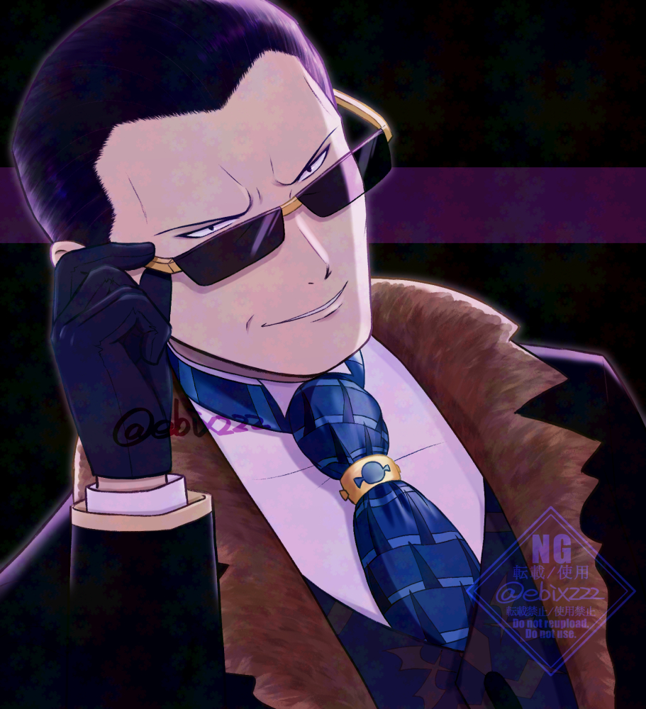1boy adjusting_eyewear black_eyes black_hair black_jacket blue_necktie commentary_request ebizzz_(ppp000zzz) furrowed_brow giovanni_(pokemon) giovanni_(sygna_suit)_(alt.)_(pokemon) jacket long_sleeves male_focus necktie nintendo official_alternate_costume parted_lips pokemon pokemon_masters_ex shirt short_hair smile solo sunglasses vest watermark white_shirt
