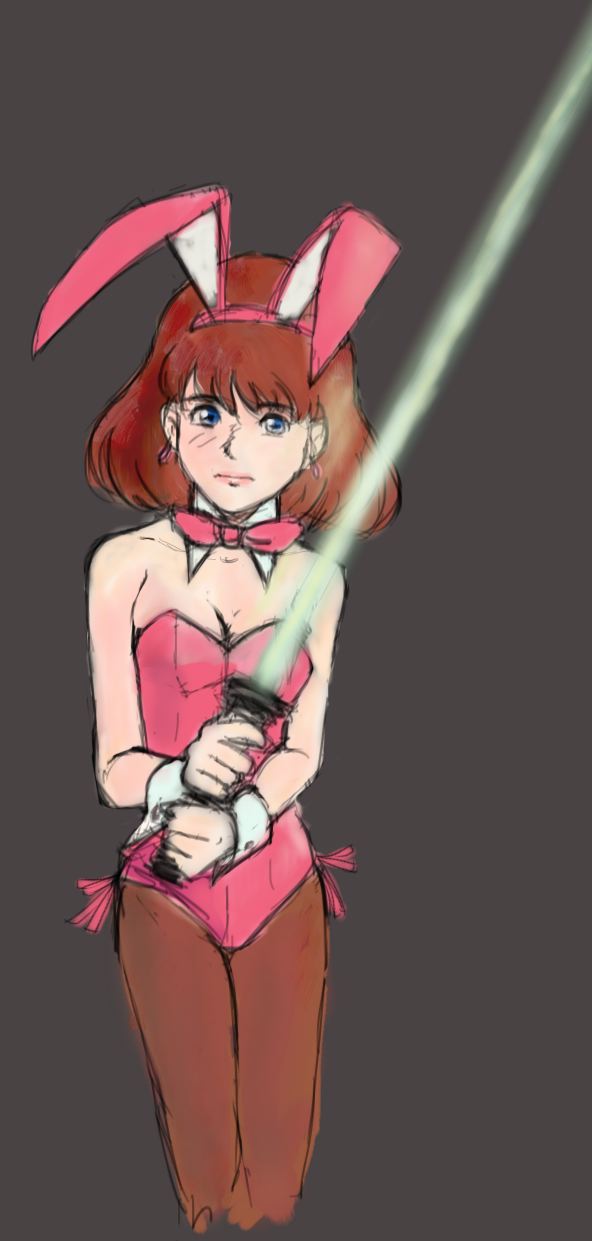 1girl animal_ears blue_eyes bow bowtie brown_background brown_hair daicon daicon_bunny_girl daicon_iv energy_sword fake_animal_ears female_focus highres leotard lightsaber playboy_bunny rabbit_ears simple_background solo star_wars sword weapon wrist_cuffs