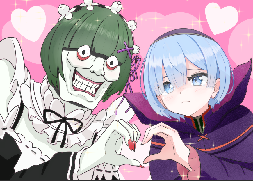 1boy 1girl blue_eyes blue_hair clanel_de_wargham crazy_smile green_hair hair_ornament happy_valentine heart heart_hands long_sleeves maid non-web_source petelgeuse_romaneeconti re:zero_kara_hajimeru_isekai_seikatsu rem_(re:zero) roswaal_mansion_maid_uniform sad smile teeth unconventional_maid