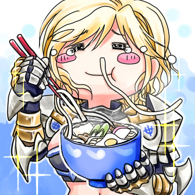 1girl =_= armor bikini_armor blonde_hair blue_background blush_stickers bowl chopsticks closed_mouth commentary_request food gauntlets holding holding_bowl holding_chopsticks lowres noodles pauldrons ragnarok_online ramen royal_guard_(ragnarok_online) short_hair shoulder_armor smile solo upper_body white_background yukimushi