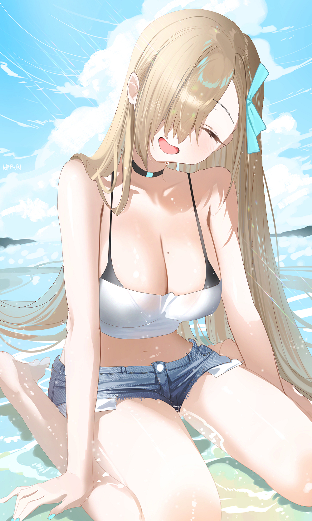1girl asuna_(blue_archive) blue_archive breasts cleavage closed_eyes haruri highres large_breasts light_brown_hair long_hair open_mouth outdoors smile solo