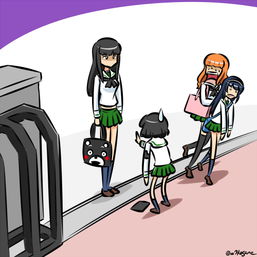 4girls alternate_costume animal_print armband bag bear_print black_hair black_legwear black_neckerchief blouse blunt_bangs blunt_ends bob_cut brown_footwear carrying closed_eyes commentary girls_und_panzer green_skirt hairband jaw_drop kogane_(staygold) kumamon long_hair long_sleeves looking_at_another looking_back lowres midriff miniskirt multiple_girls navel neckerchief nishizumi_shiho ooarai_school_uniform pleated_skirt reizei_mako sailor_collar school_bag school_gateway school_uniform serafuku shadow shirt shoes short_hair skirt socks sono_midoriko standing sweatdrop takebe_saori twitter_username walking white_hairband white_sailor_collar white_shirt