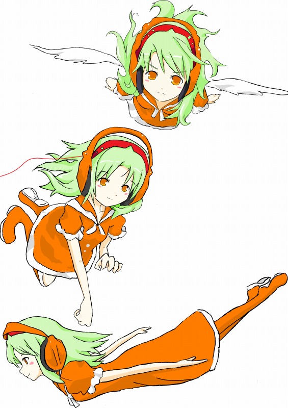 1girl angel angel_wings bemani bms freedom_dive green_hair headphones kurante orange_eyes sound_voltex wings yutoriou