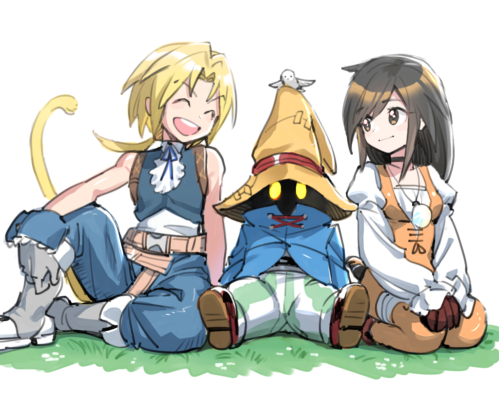 1girl 2boys ^_^ animal animal_on_head bird bird_on_head black_hair blonde_hair boots closed_eyes commentary dede_(qwea_00000) final_fantasy final_fantasy_ix garnet_til_alexandros_xvii gloves grass grey_gloves hat jewelry long_hair long_sleeves multiple_boys necklace on_head open_mouth orange_hat own_hands_together simple_background sitting sleeveless symbol-only_commentary tail vivi_ornitier white_background wizard_hat zidane_tribal