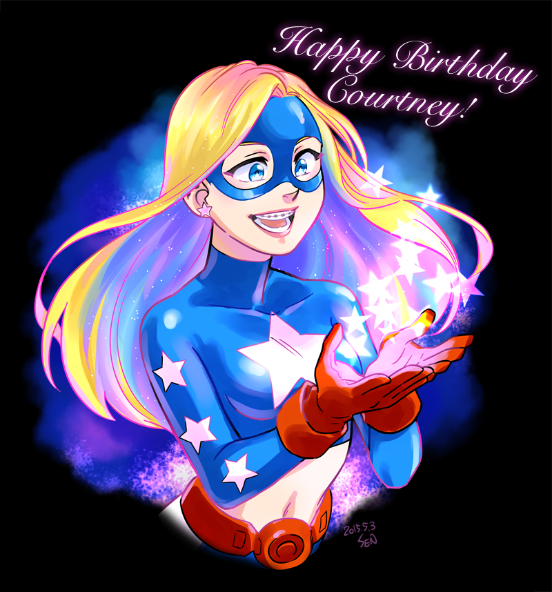 1girl belt blonde_hair blue_eyes braces crop_top dated dc_comics domino_mask earrings female_focus gloves happy_birthday jewelry justice_league justice_society_of_america long_hair mask midriff navel open_mouth red_gloves sen_(sen69) signature smile solo star_(symbol) star_earrings stargirl superhero_costume upper_body