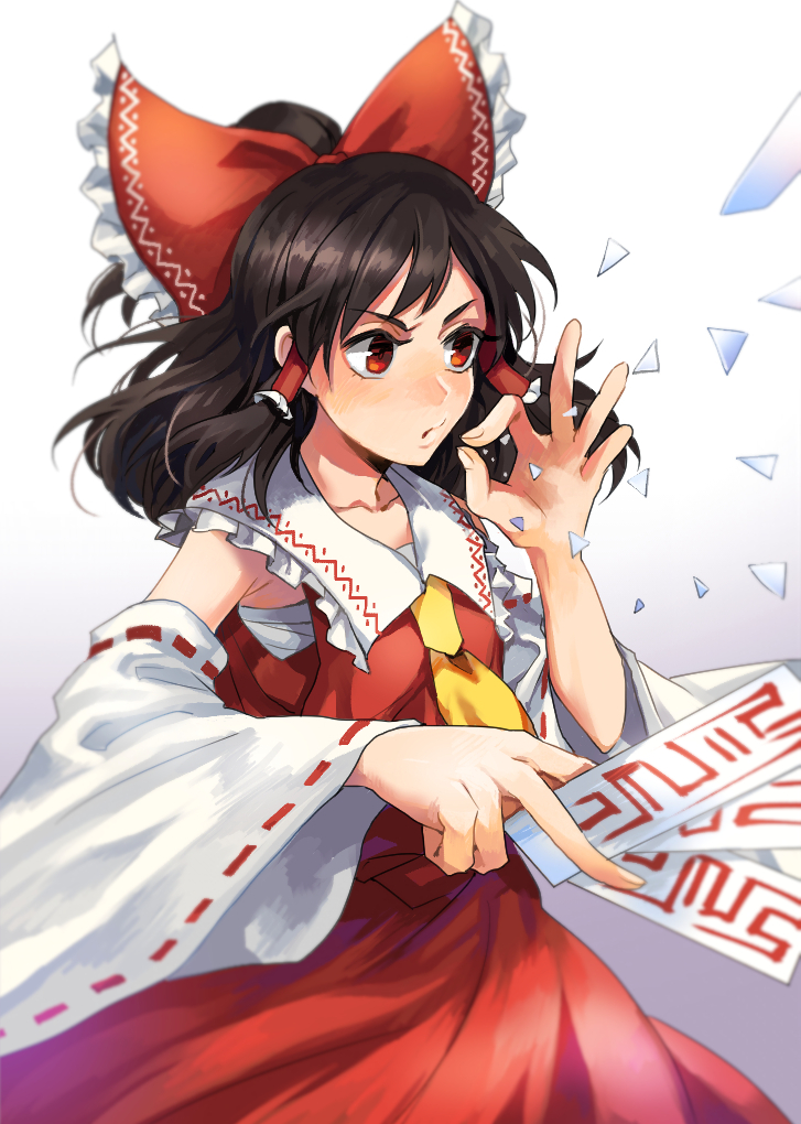 1girl ascot blowing blush bow brown_hair collarbone commentary_request detached_sleeves eyelashes frilled_bow frilled_hair_tubes frills gradient_background grey_background hair_bow hair_tubes hakurei_reimu japanese_clothes long_hair medium_hair miko open_mouth red_bow red_eyes red_skirt ribbon ribbon-trimmed_sleeves ribbon_trim simple_background skirt solo sunabu touhou white_background yellow_ascot