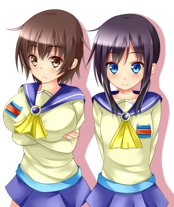 2girls arms_behind_back black_hair blue_eyes brown_eyes brown_hair corpse_party crossed_arms long_hair multiple_girls nakashima_naomi school_uniform serafuku shinozaki_ayumi short_hair smile twintails