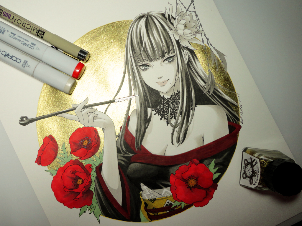 1girl art_tools_in_frame bare_shoulders bellpepperart black_collar black_hair black_kimono blue_eyes breasts cleavage collar colored_skin cropped_torso epiphyllum final_fantasy final_fantasy_xiv flower glitter hair_flower hair_ornament hair_stick hand_up holding holding_smoking_pipe hyur japanese_clothes kimono kiseru lace_collar leaf long_hair looking_at_viewer marker_(medium) mole mole_under_mouth obi obiage obijime off_shoulder photo_(medium) red_flower red_trim sash signature smile smoking_pipe solo traditional_media upper_body white_skin yotsuyu_goe_brutus
