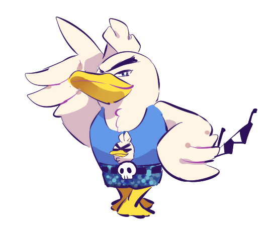 720_72 animal_focus belt bird blue_shirt character_print closed_mouth clothed_pokemon cosplay crossover duck gen_8_pokemon matsuno_karamatsu matsuno_karamatsu_(cosplay) nintendo osomatsu-san osomatsu_(series) pokemon self_character_print sequins shirt shorts simple_background sirfetch&#039;d sunglasses tank_top triangular_eyewear unibrow v-shaped_eyebrows white_background