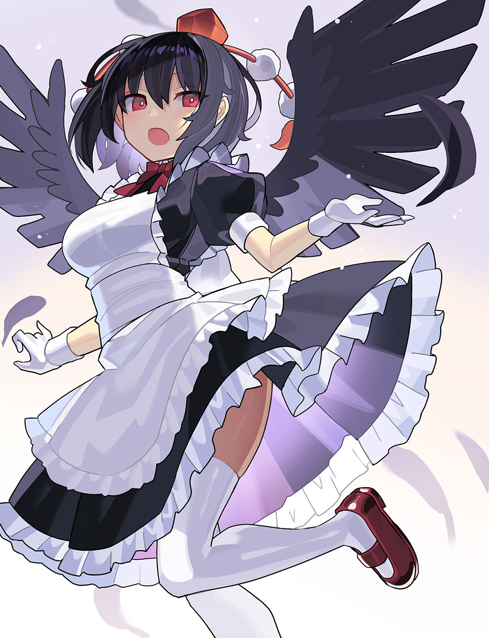 1girl alternate_costume apron black_hair black_wings commentary enmaided falken_(yutozin) feathers gloves gradient_background hair_between_eyes hat highres looking_at_viewer maid maid_apron open_mouth red_eyes red_hat red_shoes revision shameimaru_aya shoes short_hair solo thighhighs thighs tokin_hat touhou white_gloves white_thighhighs wings