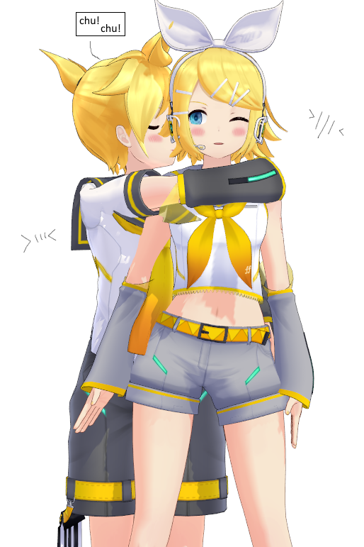 1boy 1girl blonde_hair blush bow breasts brother_and_sister collared_shirt hair_bow hair_ornament hairclip headphones kagamine_len kagamine_rin kiss kissing_cheek navel neck_ribbon one_eye_closed ribbon shirt shorts siblings simplybeing02 spread_legs vocaloid white_background