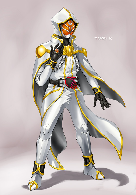 1boy belt cape gloves hood huujyu jewelry kamen_rider kamen_rider_wizard kamen_rider_wizard_(series) male_focus mask ring solo the_white_wizard