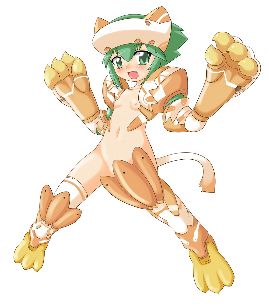 10s 1girl animal_ears blush busou_shinki cat_ears cat_tail claws female_focus green_hair maochao nekomanma_(byougatei) nipples nude solo tail thighhighs