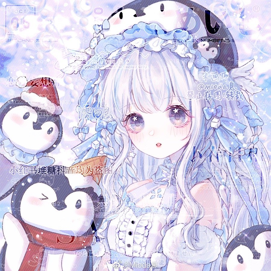 &gt;_o 1girl animal_hat bare_shoulders bird black_hat blue_background blue_bow blue_bowtie blue_eyes blue_hair blue_ribbon blush bow bowtie braid braided_hair_rings bubble buttons chinese_commentary commentary_request detached_sleeves dress eyelashes flower_in_eye frilled_dress frilled_hat frills fur_sleeves hair_bow hair_ornament hair_ribbon hair_rings hat hat_bow ice_cream_cone ice_cream_cone_on_head light_smile long_hair looking_at_viewer mioda_xi multiple_braids multiple_hair_bows one_eye_closed original parted_lips penguin penguin_hat penguin_hat_ornament red_scarf ribbon sample_watermark scarf short_sleeves sidelocks simple_background sleeveless sleeveless_dress snowflake_brooch solo sugar_cube sugar_cube_hair_ornament symbol_in_eye too_many_watermarks upper_body watermark wavy_hair weibo_watermark white_dress white_sleeves wing_hair_ornament