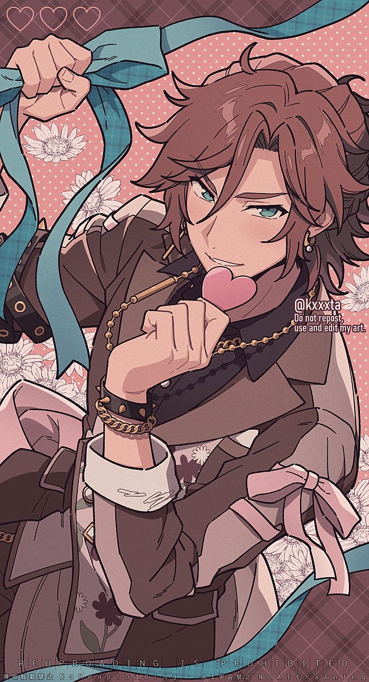 1boy bracelet brown_hair brown_jacket commentary earrings ensemble_stars! green_eyes hair_between_eyes heart highres holding holding_heart holding_ribbon jacket jewelry kiri_futoshi long_sleeves looking_at_viewer male_focus mikejima_madara parted_lips ribbon solo spiked_bracelet spikes
