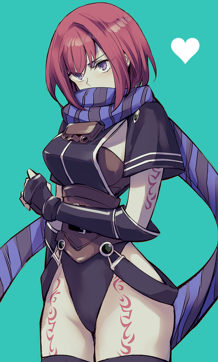 1girl arm_tattoo black_thighhighs breasts grel_(r6hgvu5) highleg leg_tattoo nel_zelpher pillow purple_eyes red_hair scarf short_hair sideboob solo star_ocean star_ocean_till_the_end_of_time tattoo thighhighs thighs