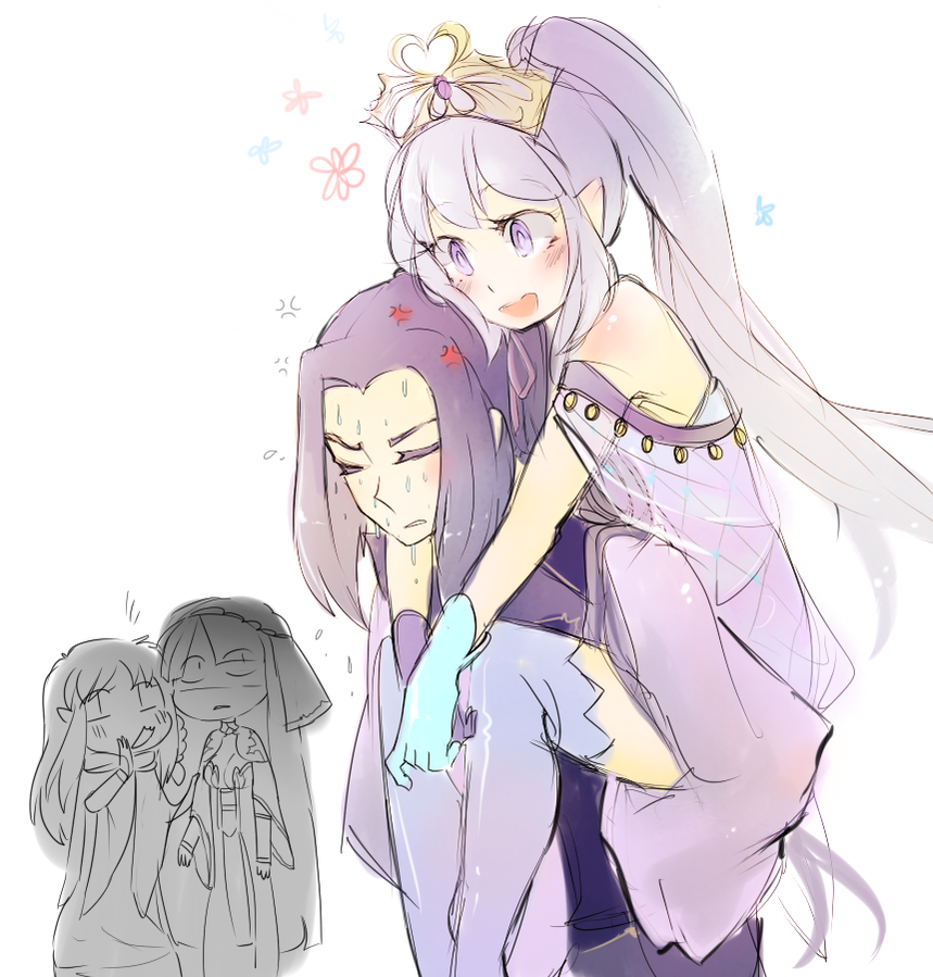 1boy 3girls anger_vein artist_request bare_shoulders blue_hair boots breasts cleavage detached_sleeves dress fate/grand_order fate/stay_night fate_(series) gloves long_hair martha_(fate) md5_mismatch medea_(caster)_(fate) medea_(fate) medea_lily_(fate) monochrome_background multiple_girls pog_(tojlko) pointy_ears ponytail purple_eyes purple_hair resized ribbon sasaki_kojirou sasaki_kojirou_(fate) strapless strapless_dress sweatdrop thighhighs tiara very_long_hair whispering