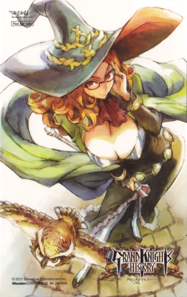 1girl bird blonde_hair breasts cleavage contrapposto copyright_name dress grand_knights_history hat holding holding_wand huge_breasts juliet_sleeves long_hair long_sleeves looking_at_viewer muse_cromwell non-web_source official_art owl perspective puffy_sleeves red_eyes scan smile solo standing vanillaware vertical-striped_leggings wand witch witch_hat