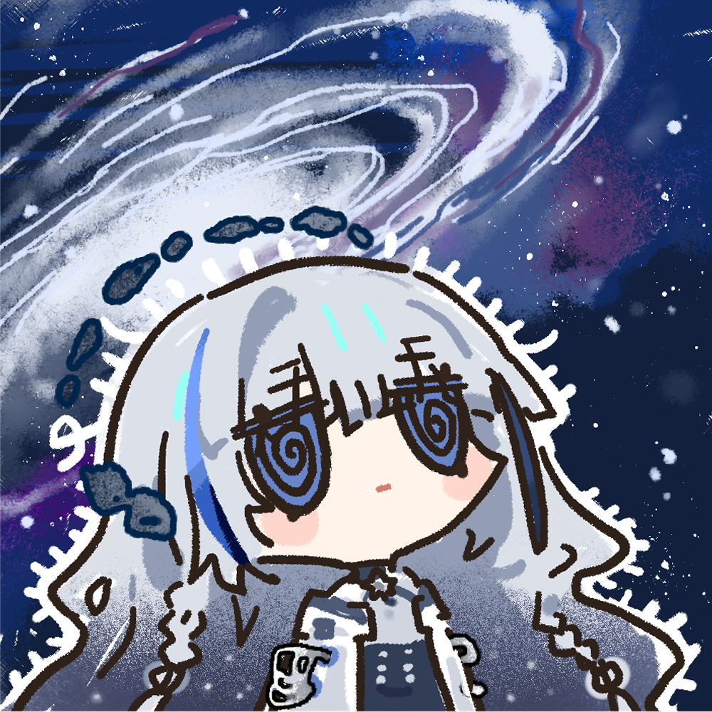 1girl @_@ blue_eyes blue_hair chibi chibi_only chinese_commentary confused cui_pi_zha_xia_qiu galaxy girls&#039;_frontline girls&#039;_frontline_neural_cloud grey_hair grey_shirt hubble_(neural_cloud) long_hair official_art second-party_source shirt solo space