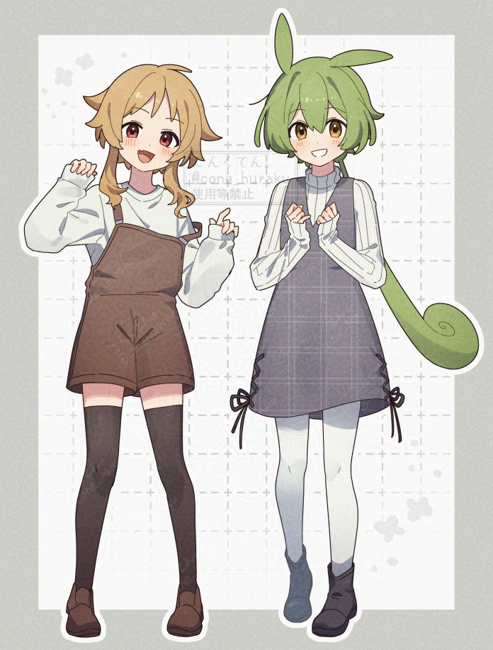 2girls black_shoes black_thighhighs blonde_hair brown_overalls brown_shoes commentary_request corn_kuten dress full_body green_hair grey_background grey_dress grid long_hair multiple_girls ouka_miko overalls pantyhose pinafore_dress ponytail red_eyes ribbed_sweater shoes short_hair sleeveless sleeveless_dress sweater thighhighs utau voiceroid white_background white_pantyhose white_sweater yellow_eyes zundamon