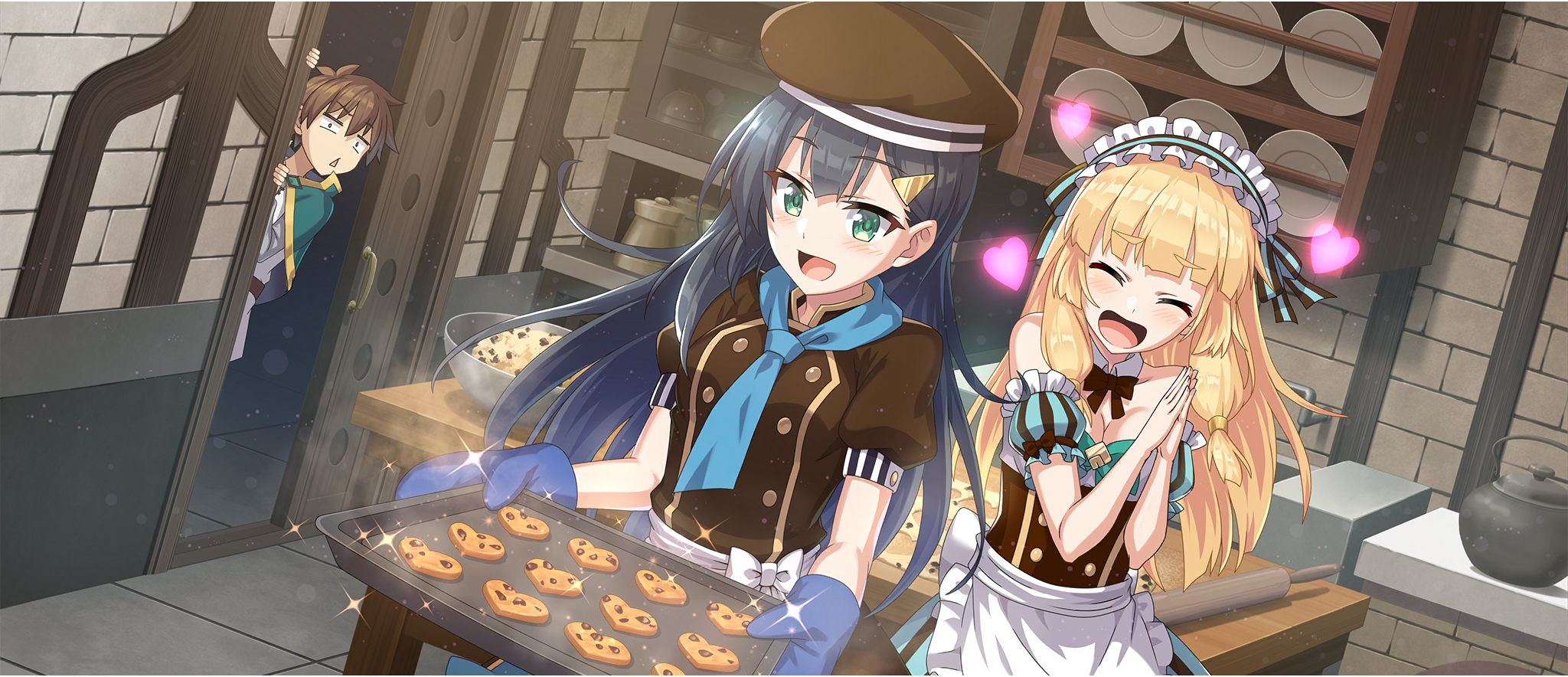 1boy 2girls apron ascot bare_shoulders black_hair blue_ascot blue_gloves bow bowtie breasts brown_bow brown_bowtie brown_shirt cecily_(konosuba) cookie detached_collar detached_sleeves food game_cg gloves green_eyes hair_ornament hairclip highres kono_subarashii_sekai_ni_shukufuku_wo! konosuba!_fantastic_days lia_(konosuba) light_blush long_hair medium_breasts multiple_girls official_art puffy_short_sleeves puffy_sleeves satou_kazuma shirt short_sleeves white_apron