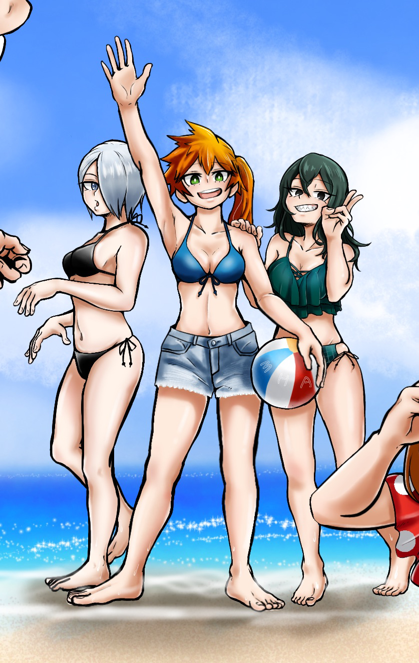 5girls arm_up armpits artist_request back-tie_bikini ball barefoot beach beachball bikini black_bikini blue_bikini boku_no_hero_academia breasts cleavage clenched_hands clenched_teeth collarbone day denim denim_shorts expressionless eyelashes feet fingernails frilled_bikini frills from_side full_body ghost_pose green_bikini green_eyes green_hair grey_eyes grey_hair groin hair_over_one_eye hand_up hands_up happy heel_up highres holding holding_ball holding_beachball kendou_itsuka komori_kinoko legs long_hair looking_at_viewer looking_to_the_side medium_breasts medium_hair midriff multiple_girls navel neck ocean open_mouth orange_hair outdoors parted_bangs parted_lips sharp_teeth shiny_clothes shiny_skin shiozaki_ibara short_shorts shorts side-tie_bikini_bottom side_ponytail sideboob sidelocks smile soles standing summer swimsuit teeth thighs tiptoes toenails toes tokage_setsuna v wavy_hair yanagi_reiko