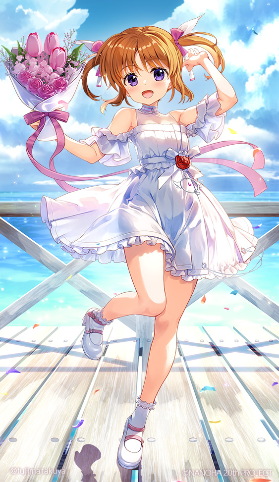1girl :d bare_shoulders blue_sky blush bouquet bow breasts brown_hair cloud cloudy_sky commentary_request day dress flower frilled_dress frills fujima_takuya hair_bow holding holding_bouquet lyrical_nanoha mahou_shoujo_lyrical_nanoha ocean off-shoulder_dress off_shoulder open_mouth outdoors pink_flower pink_rose purple_bow purple_eyes rose shoes sky small_breasts smile socks solo standing standing_on_one_leg takamachi_nanoha twintails water white_dress white_shoes white_socks