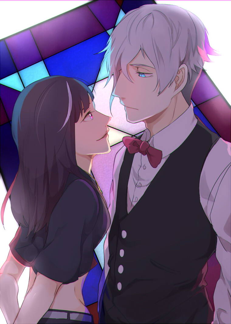 10s 1boy 1girl arms_behind_back blue_eyes bow bowtie brown_hair chiyuki_(death_parade) death_parade decim_(death_parade) eye_contact kizami_(hetaisi) kurokami_no_onna long_hair looking_at_another midriff pink_eyes shirt smile vest white_hair