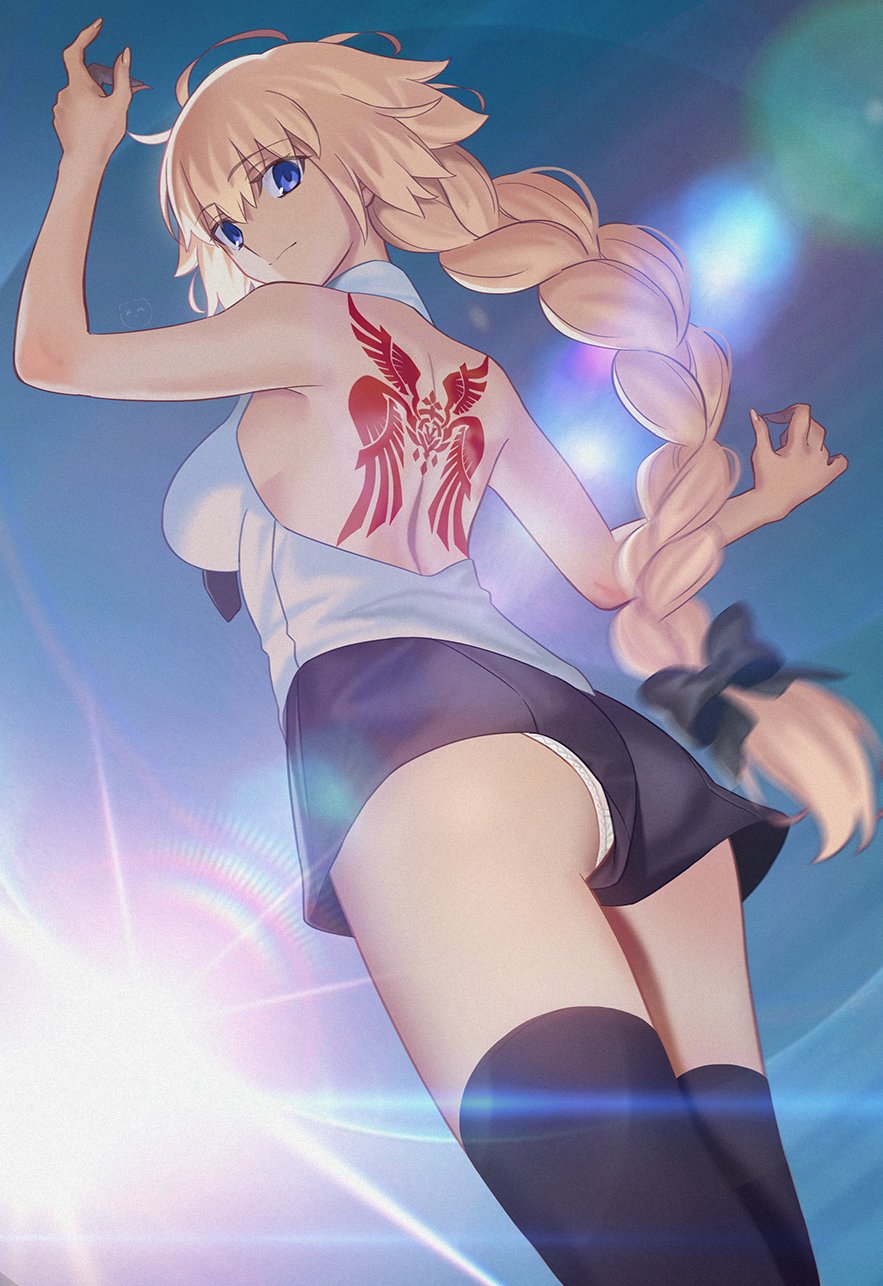 1girl aora ass back back_tattoo backless_shirt black_shorts black_thighhighs blonde_hair blue_eyes braid braided_ponytail breasts command_spell fate/apocrypha fate_(series) highres jeanne_d&#039;arc_(fate) jeanne_d&#039;arc_(girl_from_orleans)_(fate) jeanne_d&#039;arc_(ruler)_(fate) large_breasts long_hair looking_at_viewer looking_back necktie panties panty_peek shirt short_shorts shorts sleeveless sleeveless_shirt smile solo tattoo thighhighs thighs underwear very_long_hair white_shirt