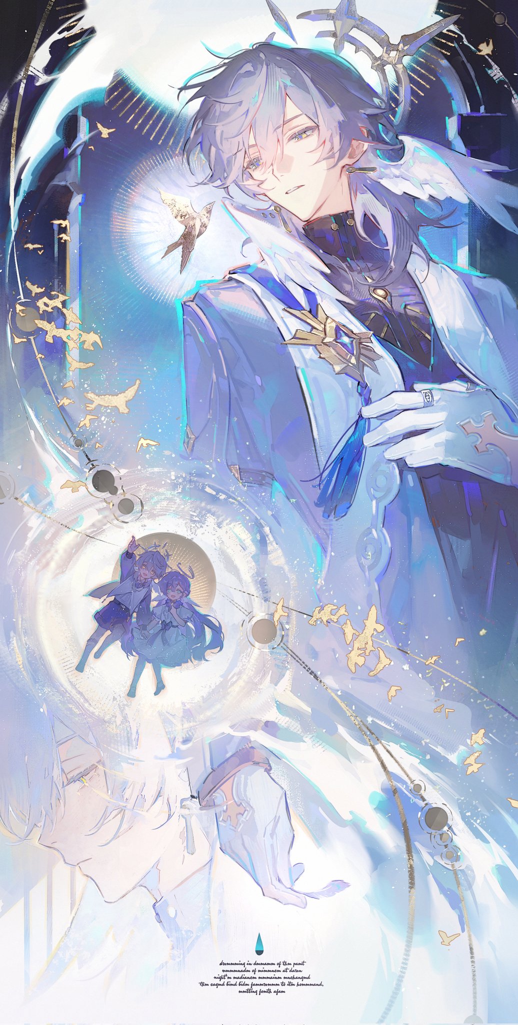 1boy 1girl aged_down dress feathered_wings full_body gloves grey_hair halo hand_up head_wings highres honkai:_star_rail honkai_(series) long_hair parted_lips renjian_shilian robin_(honkai:_star_rail) short_hair shorts siblings sunday_(honkai:_star_rail) white_dress white_gloves wings