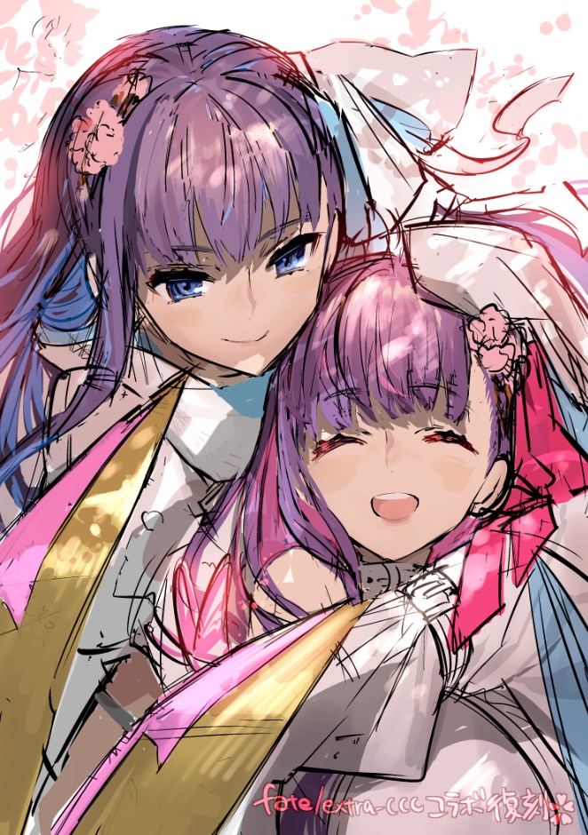 2girls bare_shoulders blue_eyes blunt_bangs claw_(weapon) closed_eyes closed_mouth facing_viewer fate/grand_order fate_(series) flower front-to-back hair_flower hair_ornament hair_ribbon hand_on_another&#039;s_head happy headpat hug hug_from_behind juliet_sleeves long_hair long_sleeves looking_at_another meltryllis_(fate) meltryllis_(third_ascension)_(fate) multiple_girls open_mouth passionlip_(fate) passionlip_(third_ascension)_(fate) pink_flower pink_ribbon puffy_sleeves purple_hair ribbon routo shirt siblings sisters sketch sleeveless sleeveless_shirt sleeves_past_fingers sleeves_past_wrists smile teeth upper_body upper_teeth_only weapon white_background white_ribbon white_shirt