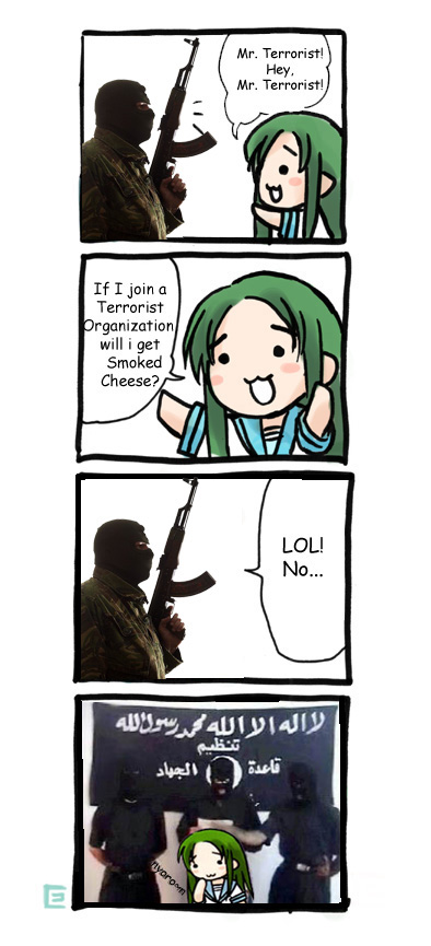 00s 4koma :3 ak-47 assault_rifle churuya comic english_text gun kalashnikov_rifle long_image nyoro~n rifle suzumiya_haruhi_no_yuuutsu tall_image terrorist translated weapon